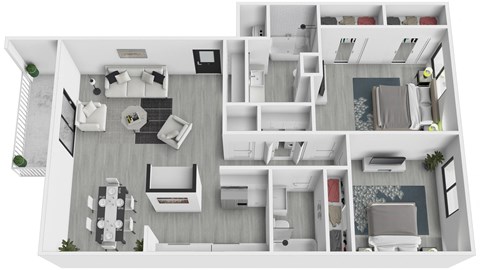 A 3D floor plan of a house with a living room, kitchen, dining room, and bedrooms.